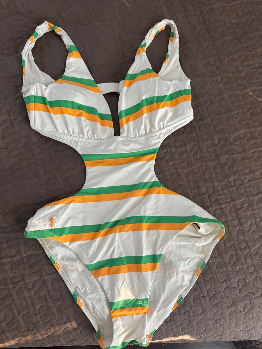 Ralph Lauren White One-Piece Swimsuit with Green & Orange Stripes